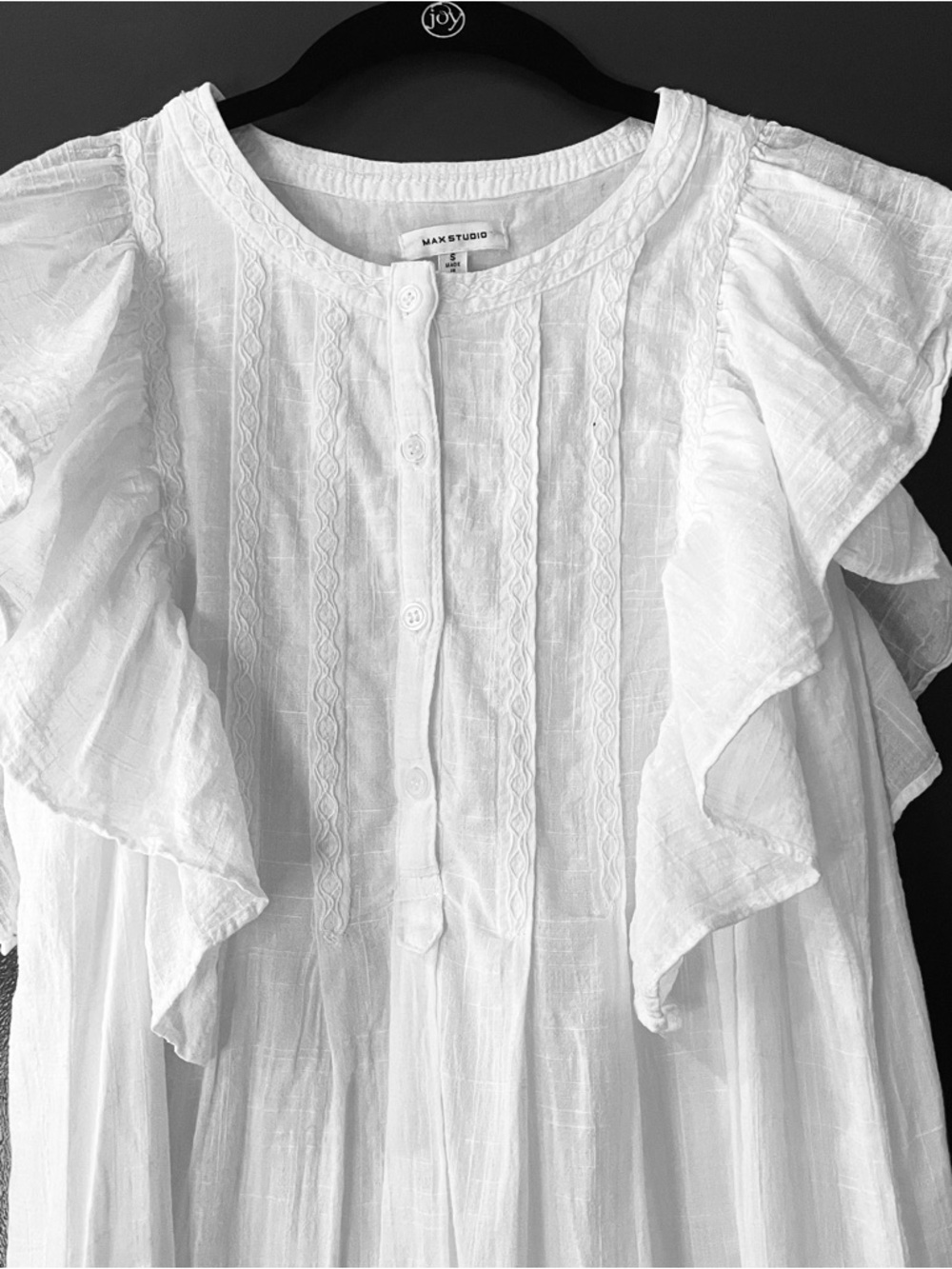 White cotton Flutter Sleeve Tunic Dress embroidered detail gauzy prairie cottage